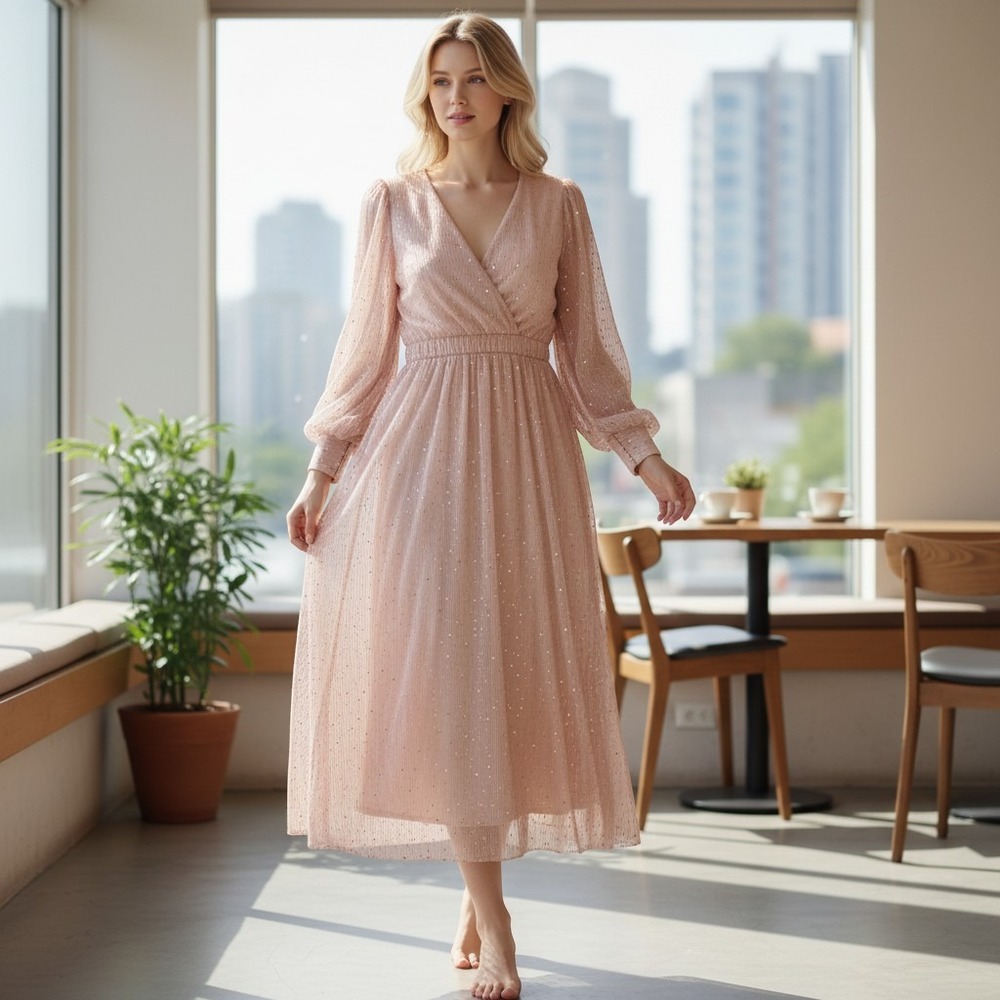 DM Fashion Maxi Dress Women's XS Pink Pleated Metallic Long Sleeve V-Neck
